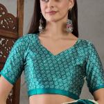 Scintillating Rama Ajrakh Printed Semi Modal Silk Saree With Smashing Blouse Piece