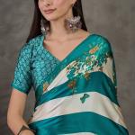 Scintillating Rama Ajrakh Printed Semi Modal Silk Saree With Smashing Blouse Piece