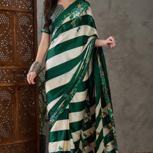 Jubilant Dark Green Ajrakh Printed Semi Modal Silk Saree With Efflorescence Blouse Piece