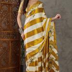 Super extravagant Mustard Ajrakh Printed Semi Modal Silk Saree With Demesne Blouse Piece