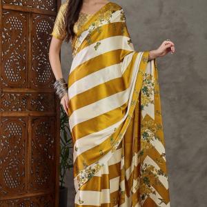 Super extravagant Mustard Ajrakh Printed Semi Modal Silk Saree With Demesne Blouse Piece