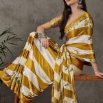 Super extravagant Mustard Ajrakh Printed Semi Modal Silk Saree With Demesne Blouse Piece