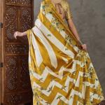 Super extravagant Mustard Ajrakh Printed Semi Modal Silk Saree With Demesne Blouse Piece