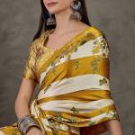 Super extravagant Mustard Ajrakh Printed Semi Modal Silk Saree With Demesne Blouse Piece