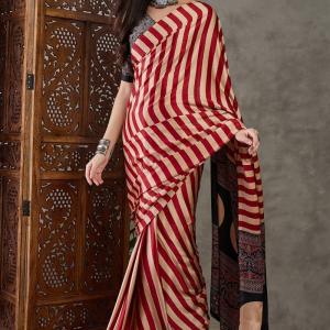 Improbable Red Ajrakh Printed Semi Modal Silk Saree With Exquisite Blouse Piece