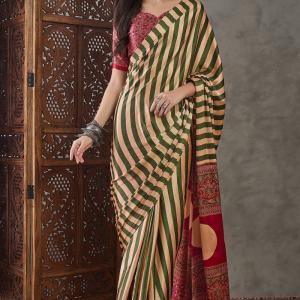 Surreptitious Green Ajrakh Printed Semi Modal Silk Saree With Pleasant Blouse Piece