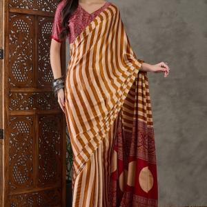 Zephyr Mustard Ajrakh Printed Semi Modal Silk Saree With Girlish Blouse Piece