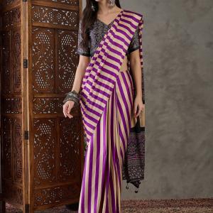 Traditional Purple Ajrakh Printed Semi Modal Silk Saree With Fancifull Blouse Piece