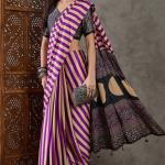 Traditional Purple Ajrakh Printed Semi Modal Silk Saree With Fancifull Blouse Piece