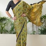 Mesmeric Yellow Ajrakh Printed Semi Modal Silk Saree With Rhapsody Blouse Piece