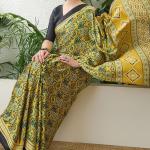 Mesmeric Yellow Ajrakh Printed Semi Modal Silk Saree With Rhapsody Blouse Piece