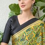 Mesmeric Yellow Ajrakh Printed Semi Modal Silk Saree With Rhapsody Blouse Piece