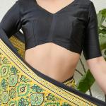 Mesmeric Yellow Ajrakh Printed Semi Modal Silk Saree With Rhapsody Blouse Piece