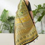 Mesmeric Yellow Ajrakh Printed Semi Modal Silk Saree With Rhapsody Blouse Piece