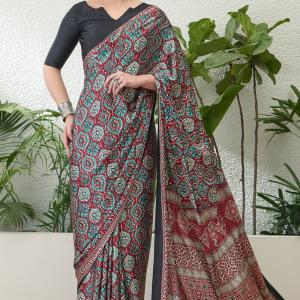 Enthralling Maroon Ajrakh Printed Semi Modal Silk Saree With Demesne Blouse Piece