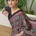 Enthralling Maroon Ajrakh Printed Semi Modal Silk Saree With Demesne Blouse Piece
