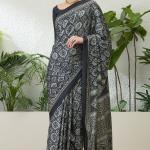Efflorescence Black Ajrakh Printed Semi Modal Silk Saree With Angelic Blouse Piece