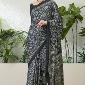 Efflorescence Black Ajrakh Printed Semi Modal Silk Saree With Angelic Blouse Piece