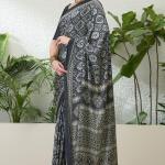 Efflorescence Black Ajrakh Printed Semi Modal Silk Saree With Angelic Blouse Piece