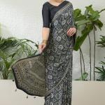Efflorescence Black Ajrakh Printed Semi Modal Silk Saree With Angelic Blouse Piece