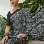 Efflorescence Black Ajrakh Printed Semi Modal Silk Saree With Angelic Blouse Piece
