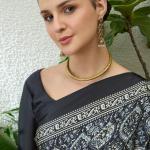 Efflorescence Black Ajrakh Printed Semi Modal Silk Saree With Angelic Blouse Piece