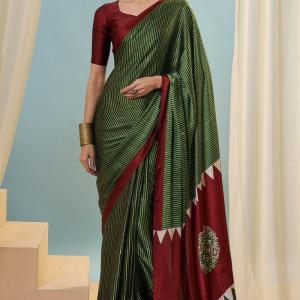 Transcendent Dark Green Ajrakh Printed Semi Modal Silk Saree With Winsome Blouse Piece