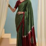 Transcendent Dark Green Ajrakh Printed Semi Modal Silk Saree With Winsome Blouse Piece