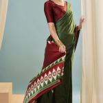 Transcendent Dark Green Ajrakh Printed Semi Modal Silk Saree With Winsome Blouse Piece