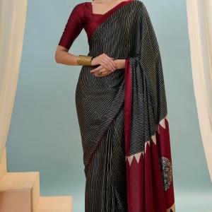 Verdant Black Ajrakh Printed Semi Modal Silk Saree With Vivacious Blouse Piece