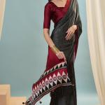 Verdant Black Ajrakh Printed Semi Modal Silk Saree With Vivacious Blouse Piece