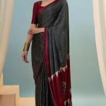 Verdant Black Ajrakh Printed Semi Modal Silk Saree With Vivacious Blouse Piece