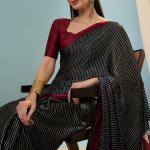 Verdant Black Ajrakh Printed Semi Modal Silk Saree With Vivacious Blouse Piece