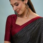 Verdant Black Ajrakh Printed Semi Modal Silk Saree With Vivacious Blouse Piece