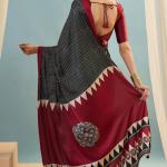 Verdant Black Ajrakh Printed Semi Modal Silk Saree With Vivacious Blouse Piece