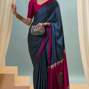 Inspiring Navy Blue Ajrakh Printed Semi Modal Silk Saree With Fugacious Blouse Piece