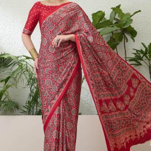 Exuberant Maroon Ajrakh Printed Semi Modal Silk Saree With Glittering Blouse Piece
