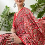 Exuberant Maroon Ajrakh Printed Semi Modal Silk Saree With Glittering Blouse Piece
