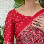 Exuberant Maroon Ajrakh Printed Semi Modal Silk Saree With Glittering Blouse Piece