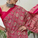 Snazzy Dark Pink Ajrakh Printed Semi Modal Silk Saree With Serendipity Blouse Piece