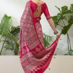 Snazzy Dark Pink Ajrakh Printed Semi Modal Silk Saree With Serendipity Blouse Piece