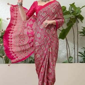 Snazzy Dark Pink Ajrakh Printed Semi Modal Silk Saree With Serendipity Blouse Piece