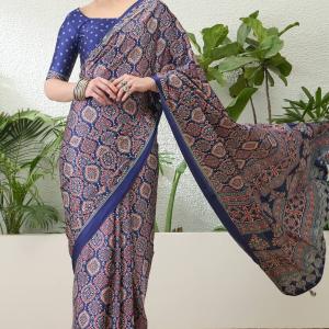 Sumptuous Navy Blue Ajrakh Printed Semi Modal Silk Saree With Stunning Blouse Piece