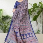 Sumptuous Navy Blue Ajrakh Printed Semi Modal Silk Saree With Stunning Blouse Piece