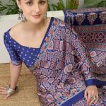 Sumptuous Navy Blue Ajrakh Printed Semi Modal Silk Saree With Stunning Blouse Piece