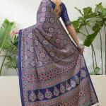 Sumptuous Navy Blue Ajrakh Printed Semi Modal Silk Saree With Stunning Blouse Piece