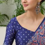 Sumptuous Navy Blue Ajrakh Printed Semi Modal Silk Saree With Stunning Blouse Piece