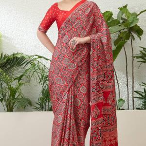 Sempiternal Red Ajrakh Printed Semi Modal Silk Saree With Innovative Blouse Piece