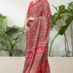 Sempiternal Red Ajrakh Printed Semi Modal Silk Saree With Innovative Blouse Piece