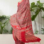 Sempiternal Red Ajrakh Printed Semi Modal Silk Saree With Innovative Blouse Piece